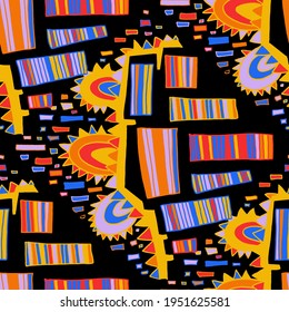Seamless vector pattern with abstract modern doodles. Bright summer print. Trendy colorful background. Vintage geometric doodles.	