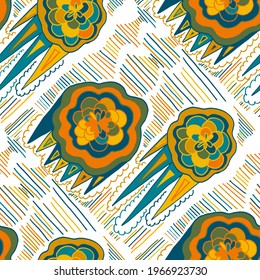 Seamless vector pattern with abstract modern doodles. Bright summer print. Trendy colorful background. Vintage geometric doodles.	