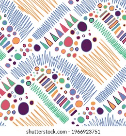 Seamless vector pattern with abstract modern doodles. Bright summer print. Trendy colorful background. Vintage geometric doodles.	
