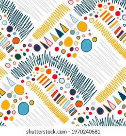 Seamless vector pattern with abstract modern doodles. Bright summer print. Trendy colorful background. Vintage geometric doodles.	
