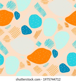 Seamless vector pattern with abstract modern doodles. Bright summer print. Trendy colorful background. Vintage geometric doodles.	