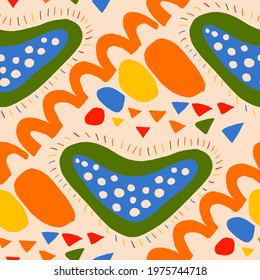 Seamless vector pattern with abstract modern doodles. Bright summer print. Trendy colorful background. Vintage geometric doodles.	