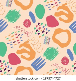 Seamless vector pattern with abstract modern doodles. Bright summer print. Trendy colorful background. Vintage geometric doodles.	