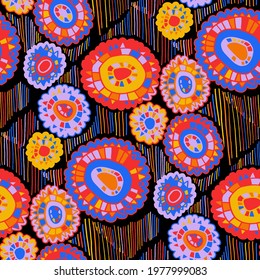 Seamless vector pattern with abstract modern doodles. Bright summer print. Trendy colorful background. Vintage geometric doodles.	