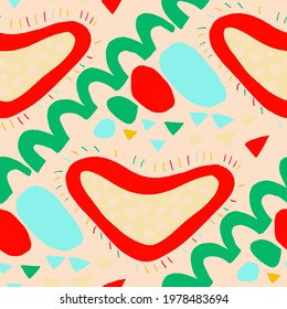 Seamless vector pattern with abstract modern doodles. Bright summer print. Trendy colorful background. Vintage geometric doodles.	