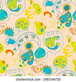 Seamless vector pattern with abstract modern doodles. Bright summer print. Trendy colorful background. Vintage geometric doodles.	