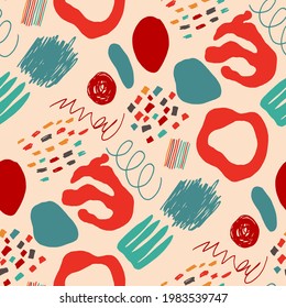 Seamless vector pattern with abstract modern doodles. Bright summer print. Trendy colorful background. Vintage geometric doodles.	