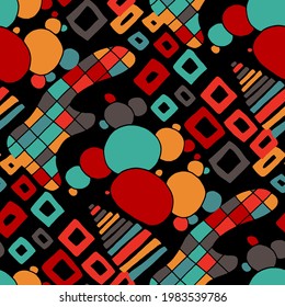 Seamless vector pattern with abstract modern doodles. Bright summer print. Trendy colorful background. Vintage geometric doodles.	