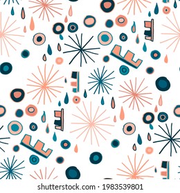 Seamless vector pattern with abstract modern doodles. Bright summer print. Trendy colorful background. Vintage geometric doodles.	