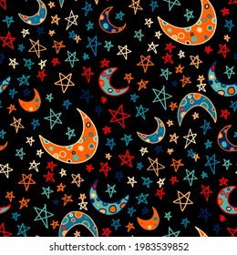 Seamless vector pattern with abstract modern doodles. Bright summer print. Trendy colorful background. Vintage geometric doodles.	