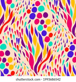 Seamless vector pattern with abstract modern doodles. Bright summer print. Trendy colorful background. Vintage geometric doodles.	