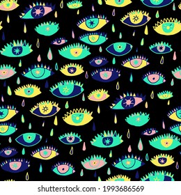 Seamless vector pattern with abstract modern doodles. Bright summer print. Trendy colorful background. Vintage geometric doodles.	