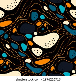 Seamless vector pattern with abstract modern doodles. Bright summer print. Trendy colorful background. Vintage geometric doodles.	