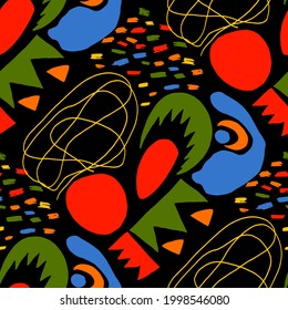 Seamless vector pattern with abstract modern doodles. Bright summer print. Trendy colorful background. Vintage geometric doodles.	