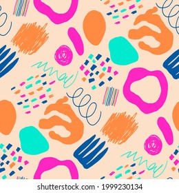 Seamless vector pattern with abstract modern doodles. Bright summer print. Trendy colorful background. Vintage geometric doodles.	