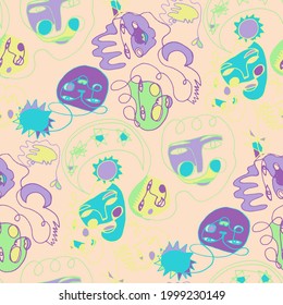Seamless vector pattern with abstract modern doodles. Bright summer print. Trendy colorful background. Vintage geometric doodles.	