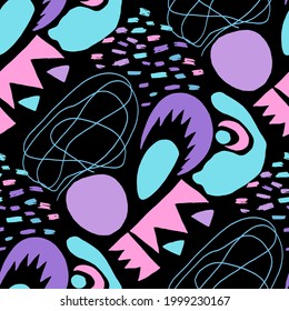 Seamless vector pattern with abstract modern doodles. Bright summer print. Trendy colorful background. Vintage geometric doodles.	