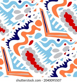 Seamless vector pattern with abstract modern doodles. Bright summer print. Trendy colorful background. Vintage geometric doodles.	