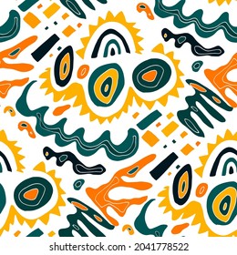 Seamless vector pattern with abstract modern doodles. Bright summer print. Trendy colorful background. Vintage geometric doodles.	