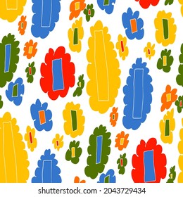 Seamless vector pattern with abstract modern doodles. Bright summer print. Trendy colorful background. Vintage geometric doodles.	