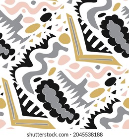 Seamless vector pattern with abstract modern doodles. Bright summer print. Trendy colorful background. Vintage geometric doodles.	