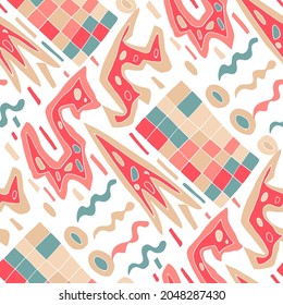 Seamless vector pattern with abstract modern doodles. Bright summer print. Trendy colorful background. Vintage geometric doodles.	