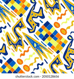 Patrón vectorial sin brillo con garabatos abstractos modernos. Brillante impresión de verano. Fondo colorido de moda. Doodles geométricos vintage.	