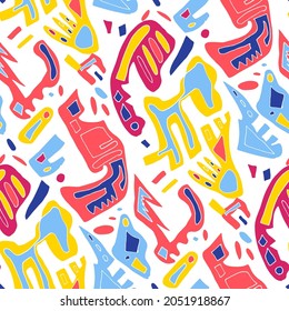 Seamless vector pattern with abstract modern doodles. Bright summer print. Trendy colorful background. Vintage geometric doodles.	