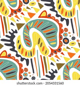 Seamless vector pattern with abstract modern doodles. Bright summer print. Trendy colorful background. Vintage geometric doodles.	