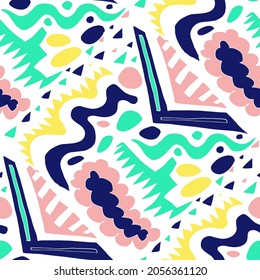 Seamless vector pattern with abstract modern doodles. Bright summer print. Trendy colorful background. Vintage geometric doodles.	