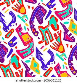 Seamless vector pattern with abstract modern doodles. Bright summer print. Trendy colorful background. Vintage geometric doodles.	