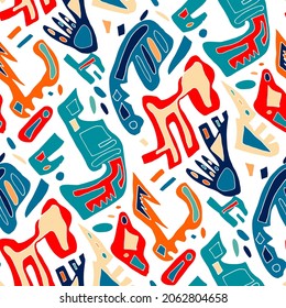 Seamless vector pattern with abstract modern doodles. Bright summer print. Trendy colorful background. Vintage geometric doodles.	