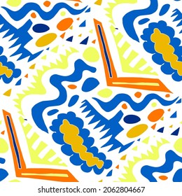 Seamless vector pattern with abstract modern doodles. Bright summer print. Trendy colorful background. Vintage geometric doodles.	