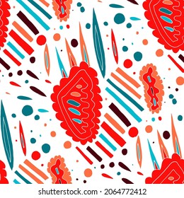 Seamless vector pattern with abstract modern doodles. Bright summer print. Trendy colorful background. Vintage geometric doodles.	
