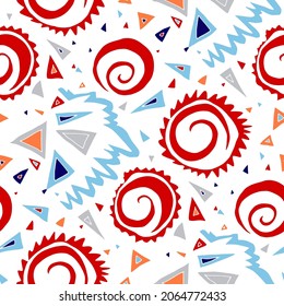 Seamless vector pattern with abstract modern doodles. Bright summer print. Trendy colorful background. Vintage geometric doodles.	