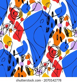 Seamless vector pattern with abstract modern doodles. Bright summer print. Trendy colorful background. Vintage geometric doodles.	