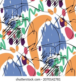 Motif vectoriel harmonieux de gribouillis abstrait moderne. Impression estivale brillante. Arrière-plan coloré tendance. Doodles géométriques vintage.	