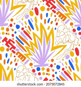 Seamless vector pattern with abstract modern doodles. Bright summer print. Trendy colorful background. Vintage geometric doodles.	