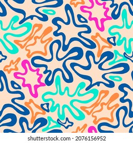 Seamless vector pattern with abstract modern doodles. Bright summer print. Trendy colorful background. Vintage geometric doodles.	