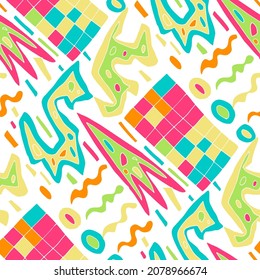 Seamless vector pattern with abstract modern doodles. Bright summer print. Trendy colorful background. Vintage geometric doodles.	