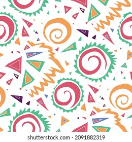 Seamless vector pattern with abstract modern doodles. Bright summer print. Trendy colorful background. Vintage geometric doodles.	