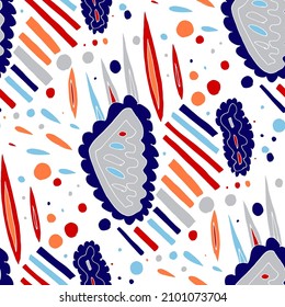 Seamless vector pattern with abstract modern doodles. Bright summer print. Trendy colorful background. Vintage geometric doodles.	