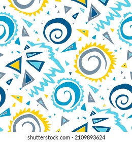 Seamless vector pattern with abstract modern doodles. Bright summer print. Trendy colorful background. Vintage geometric doodles.	