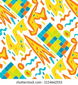 Seamless vector pattern with abstract modern doodles. Bright summer print. Trendy colorful background. Vintage geometric doodles.	