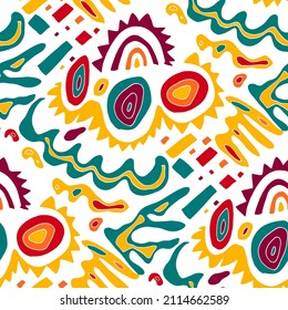 Seamless vector pattern with abstract modern doodles. Bright summer print. Trendy colorful background. Vintage geometric doodles.	