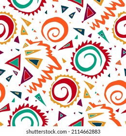 Seamless vector pattern with abstract modern doodles. Bright summer print. Trendy colorful background. Vintage geometric doodles.	