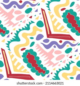 Seamless vector pattern with abstract modern doodles. Bright summer print. Trendy colorful background. Vintage geometric doodles.	