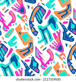 Seamless vector pattern with abstract modern doodles. Bright summer print. Trendy colorful background. Vintage geometric doodles.	