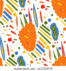 Seamless vector pattern with abstract modern doodles. Bright summer print. Trendy colorful background. Vintage geometric doodles.	