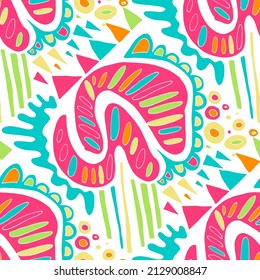 Seamless vector pattern with abstract modern doodles. Bright summer print. Trendy colorful background. Vintage geometric doodles.	